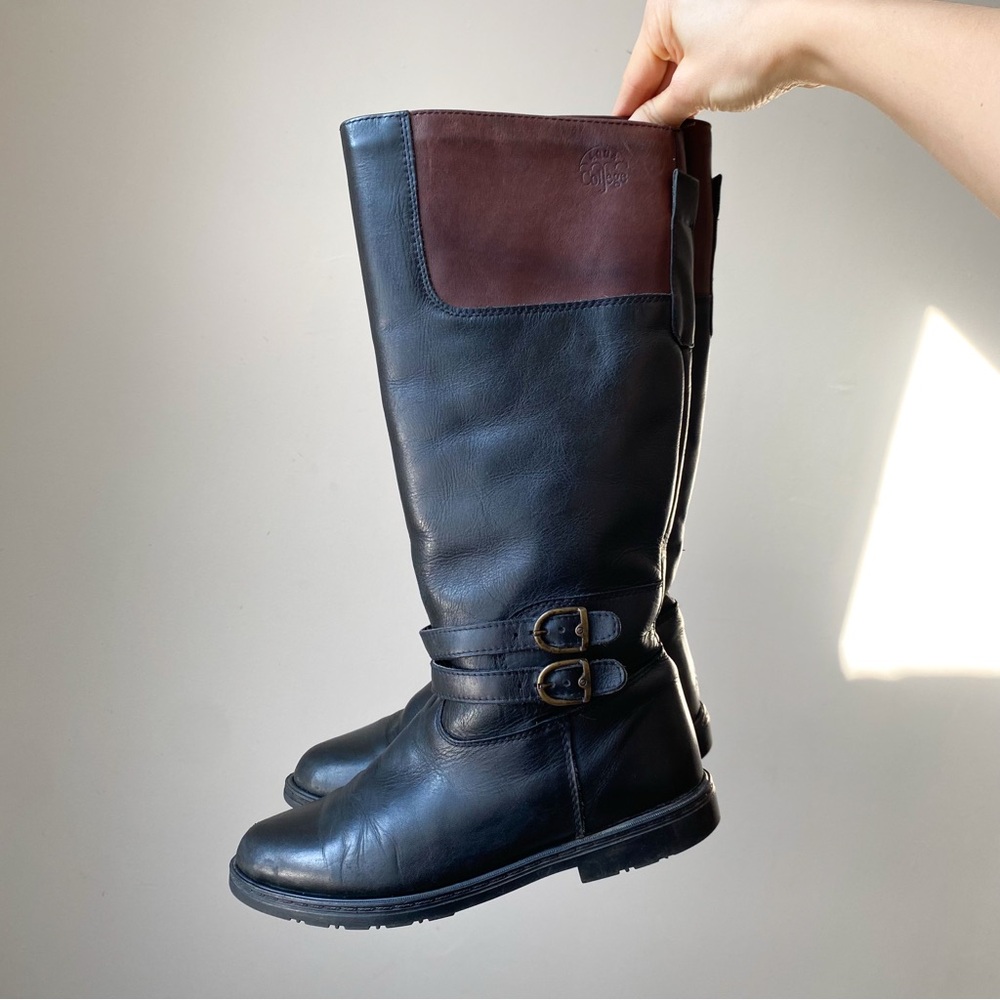 🌿 90s Vintage Brown & Black Leather Knee-High Flat Boots by College US 7.5